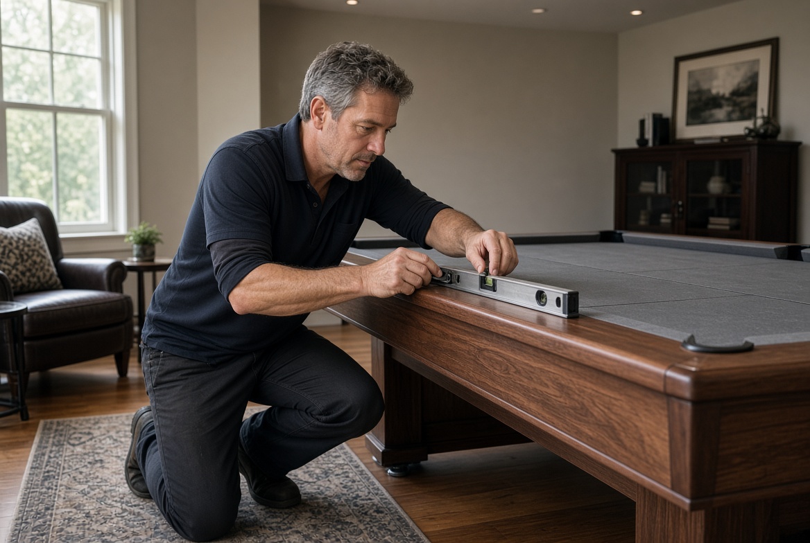 Technician leveling a slate pool table
