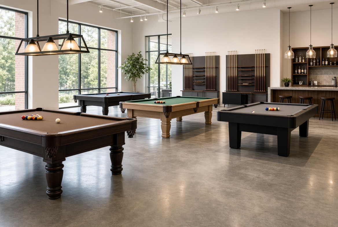 Showroom with several pool tables